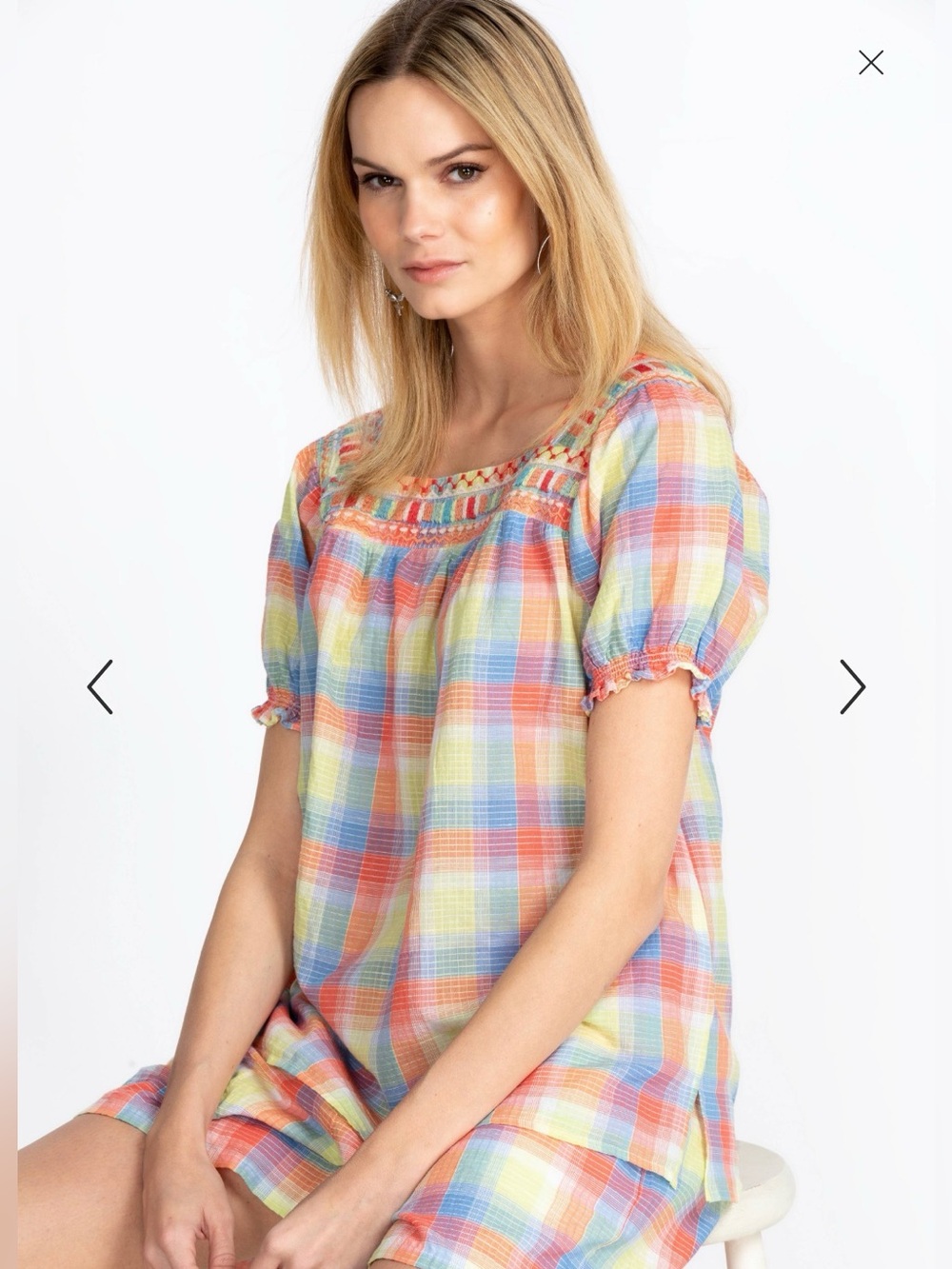 Johnny Was Delacey Puff Sleeve Peasant Top Size M Multicolor Plaid Square Neck